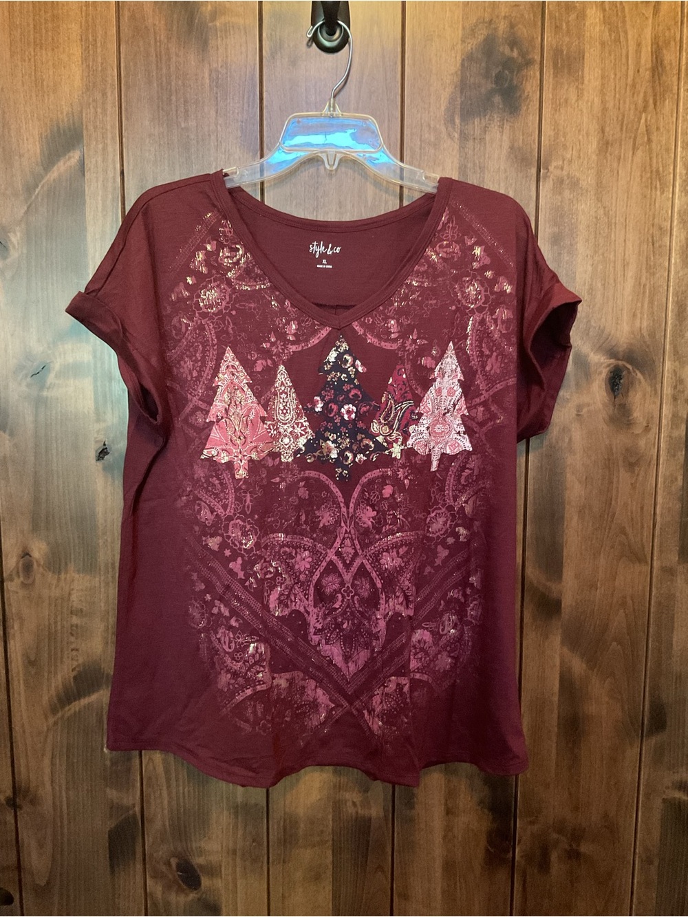 Style & Co. Burgundy Short-Sleeve V-Neck Tee with Pink Floral Accents